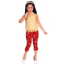 Girls Dress Top and Capri set by Arshia Fashions - sleeveless - Party wear - Beige Red